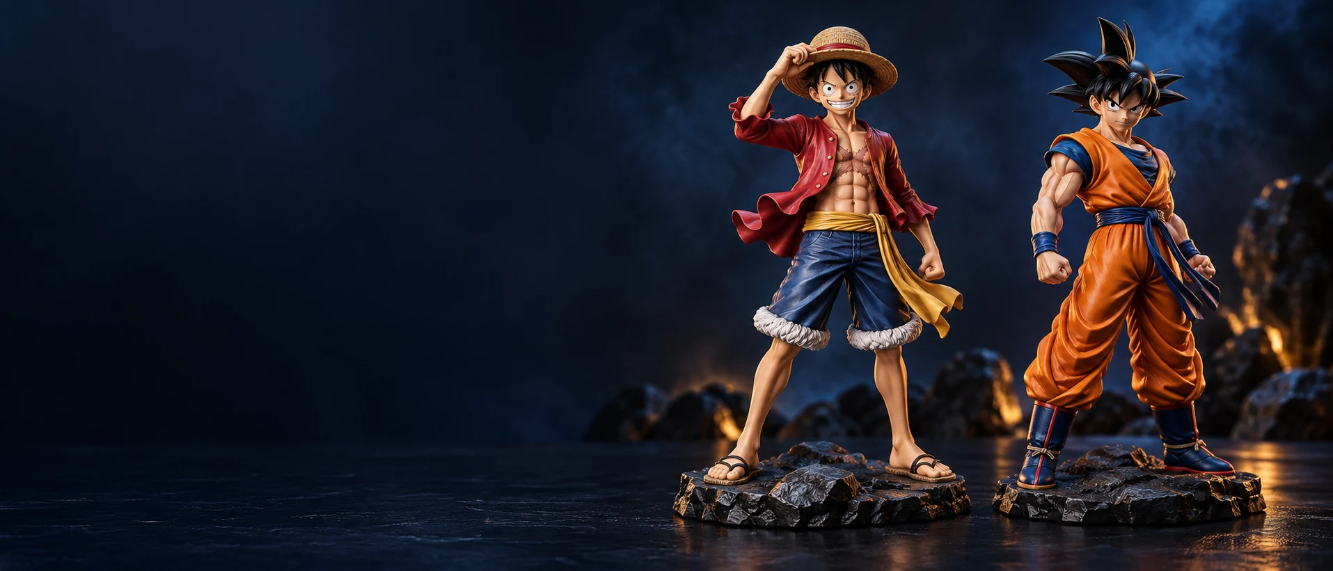 Illustration de Luffy et Goku sur des socles de collection