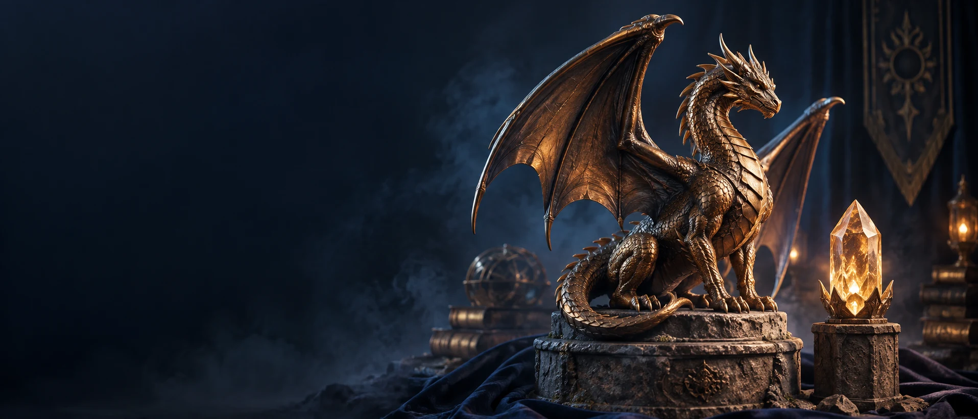 Illustration d’ambiance : dragon sculpté et cristal ambré